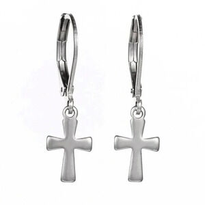Little Christian Cross Silver 316L Surgical Stainless Steel Leverback Earrings